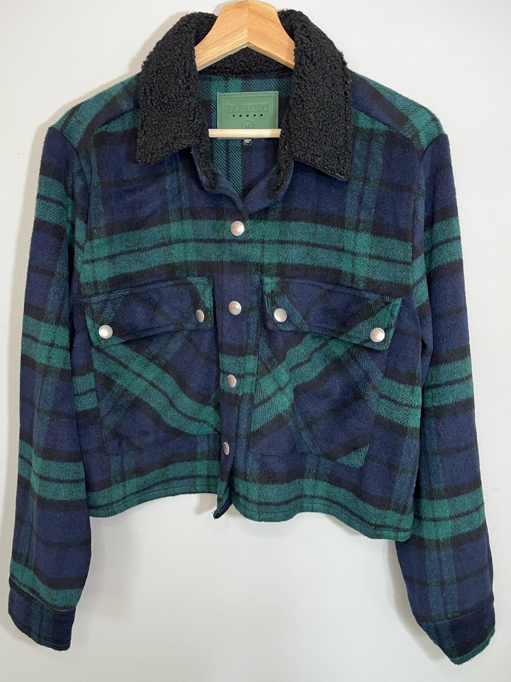 Blank NYC Blackwatch Plaid Sherpa-Collar Cropped Jacket Green/Blue Women’s Med
